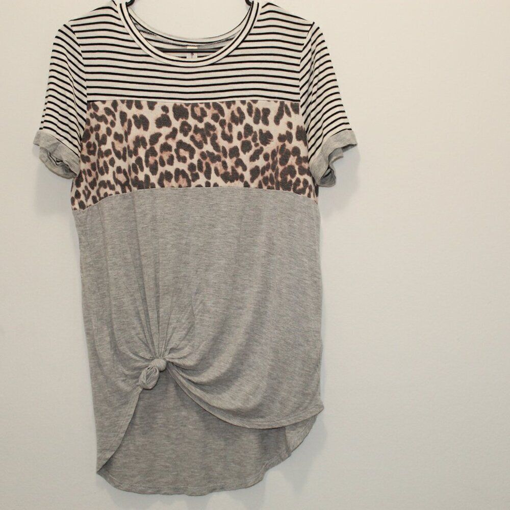 Vanilla Bay Striped Animal Print Tie Front Top